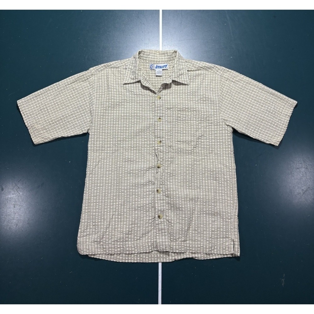Vintage Y2K Utility Button Up Shirt Men's Medium Seersucker Tan Skate Streetwear